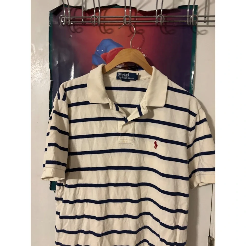 Polo Ralph Lauren Mens Medium Striped Polo Shirt Cream Navy Blue Red Pony Logo